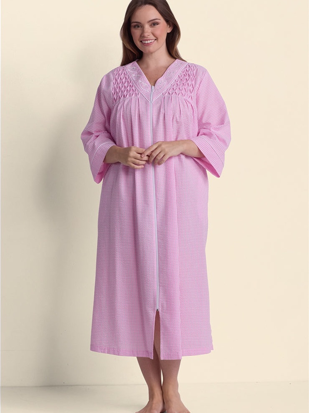 SEERSUCKER LONG ROBE   Women's Zip-Front  / Size L